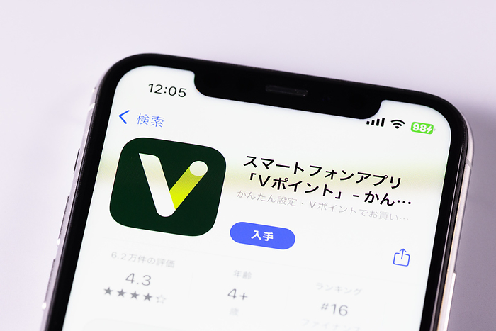 V Point Vpoint app by Sumitomo Mitsui Banking Corp. is seen in Tokyo, Japan, April 28, 2023. V Point and T Point by CCC MK Holdings Ltd. will be merged into one around spring 2024.  They are electoric point program service.  Photo by Hideki Yoshihara AFLO  
