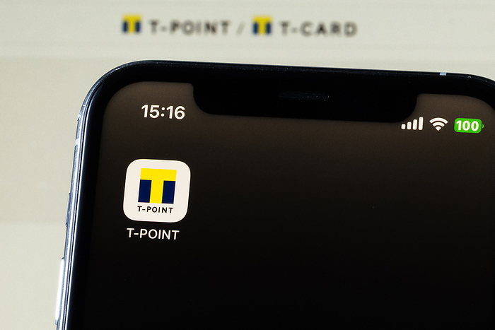 Point program app T Point by CCC MK Holdings Ltd. is seen in Tokyo, Japan, April 28, 2023. T Point and Vpoint app by Sumitomo Mitsui Banking Corp. will be merged into one around spring 2024. They are electoric point program service.  Photo by Hideki Yoshihara AFLO  