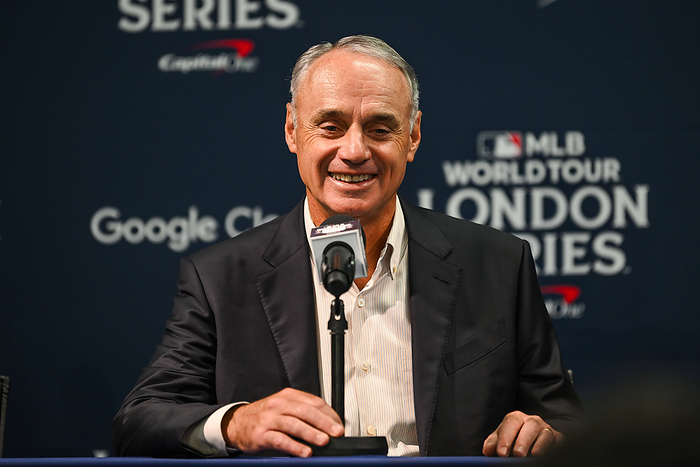 2023 MLB, Baseball Herren, USA London Series St. Louis Cardinals v Chicago Cubs Workout Day MLB Commissioner Rob Manfred 2023 MLB, Baseball Herren, USA London Series St. Louis Cardinals v Chicago Cubs Workout Day MLB Commissioner Rob Manfred during todays press conference, PK, Pressekonferenz ahead of the 2023 MLB London Series Workout Day for St. Louis Cardinals and Chicago Cubs at London Stadium, London, United Kingdom, 23rd June 2023 Photo by Craig Thomas News Images Copyright: xCraigxThomas NewsxImagesx