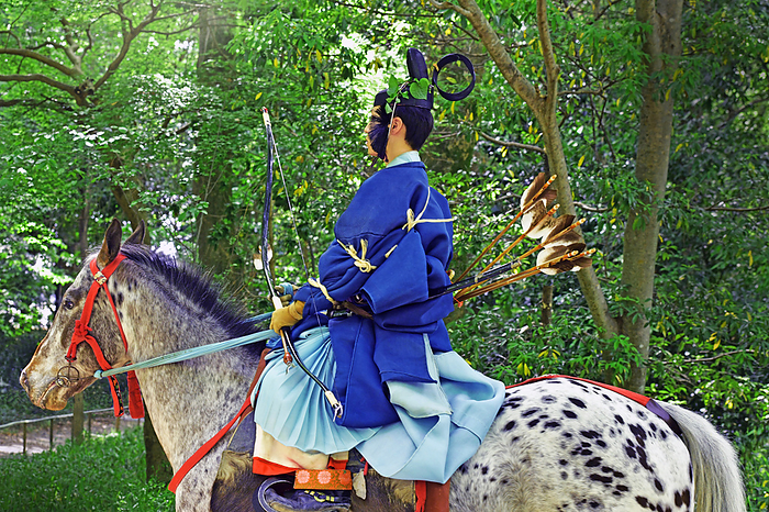 Yabusame  horseback archery  ritual, costumes and bandages on horseback, Tadasunomori, Kyoto City, Kyoto Prefecture Yabusame  horseback archery  ritual held in Tadasunomori, Shimogamo Shrine as a prelude to the Aoi Matsuri  hollyhock festival .