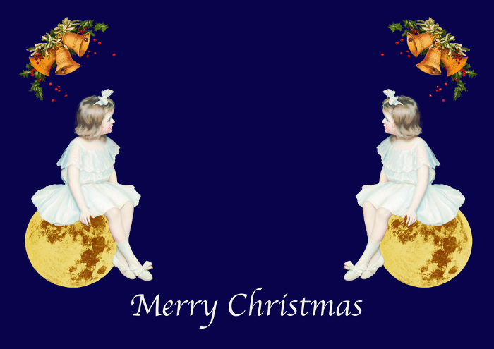 Vintage Christmas frame with girl in white dress sitting on the moon