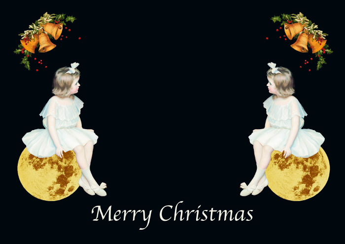 Vintage Christmas frame with girl in white dress sitting on the moon