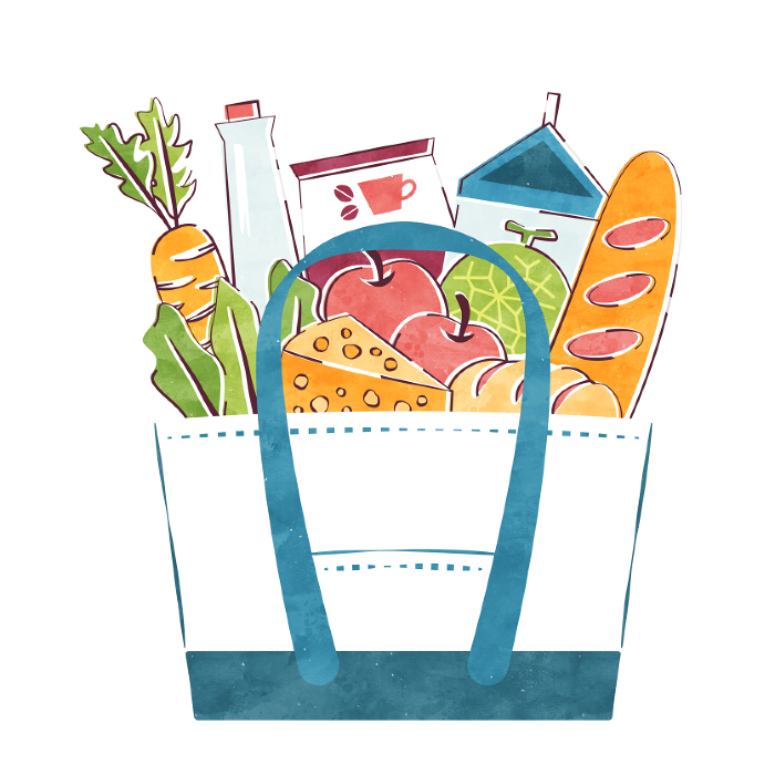 Food shopping in eco-bag (watercolor and line drawing hand-drawn style illustration)