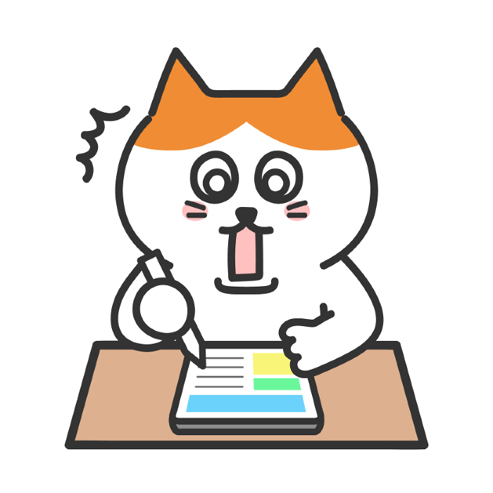Surprised cat while studying Tablet illustration