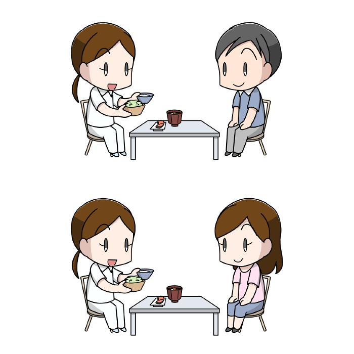 Illustration of male and female adults receiving nutritional guidance