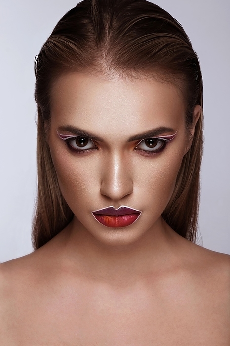 Beautiful caucasian woman with creative makeup and purple lips. Beauty face. Art makeup, by Nikita Kobrin