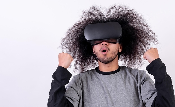 Making the victory symbol in a VR video game. Young man with afro hair on white background, by Unai Huizi