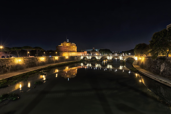 Engelsburg Castel, Sant Angelo, Tiber River, Aelius bridge  Bridge and Ponte SantAngelo illuminated at night, Rome, Italy