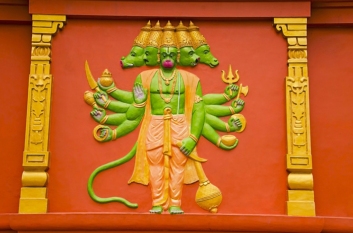 Colorful idol of Lord Hanuman on the outer wall of a temple, on the way to Kanchipuram, Tamil Nadu, India Colorful idol of Lord Hanuman on the outer wall of a temple, on the way to Kanchipuram, Tamil Nadu, India, by Zoonar RealityImages