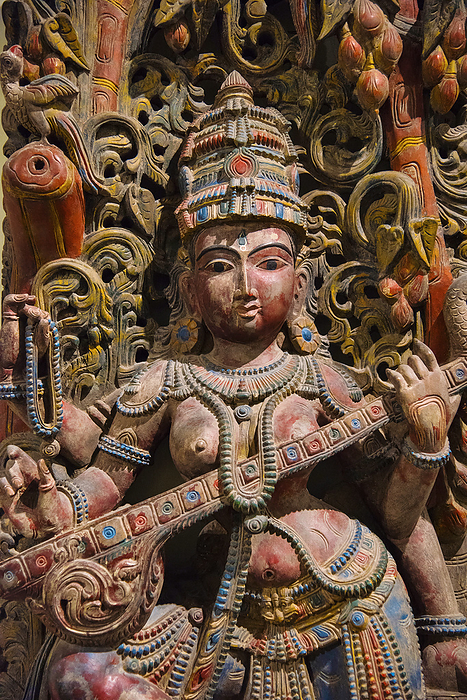 Wooden idol of Goddess Saraswati, Egmore, Chennai, India. Located at the Government Museum or Madras Museum Wooden idol of Goddess Saraswati, Egmore, Chennai, India. Located at the Government Museum or Madras Museum, by Zoonar RealityImages
