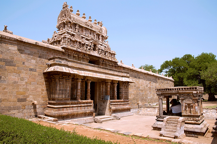 Nandi bull and the entrance, Airavatesvara Temple, Darasuram, Tamil Nadu. View from South East. Nandi bull and the entrance, Airavatesvara Temple, Darasuram, Tamil Nadu. View from South East., by Zoonar RealityImages