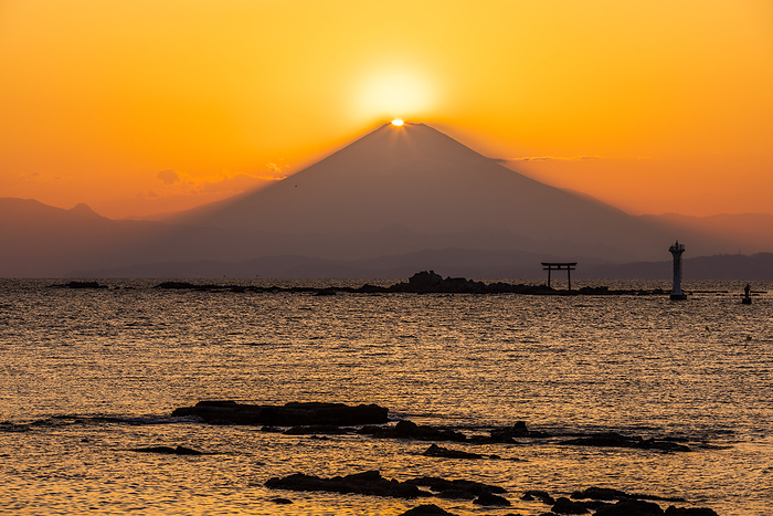 Diamond Fuji and the Torii (Gate) of Najima from Manase Beach, Kanagawa Pref.