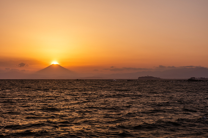 Diamond Fuji and Enoshima Island from Shibasaki Beach, Kanagawa Prefecture