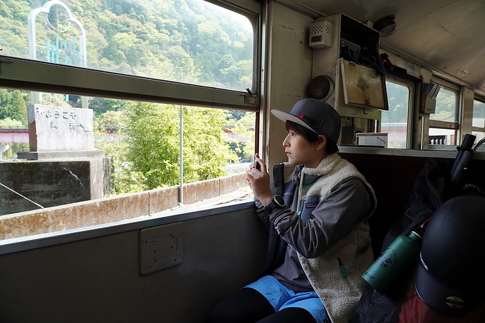 Looking out from a train window of the Oigawa Railway