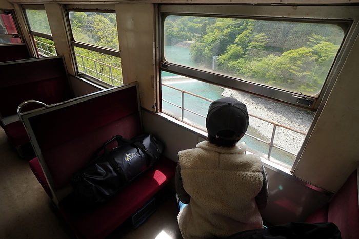 Looking down on the Oigawa River from the window of a coach on the Igawa Line of the Oigawa Railway