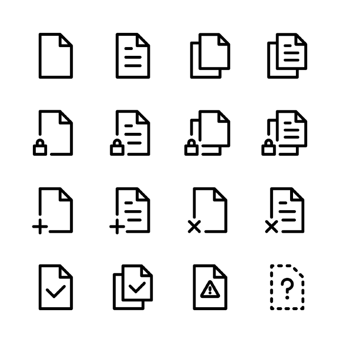 Set of icons for various files Multiple files or copy, add, delete, locked or confirmed, problem