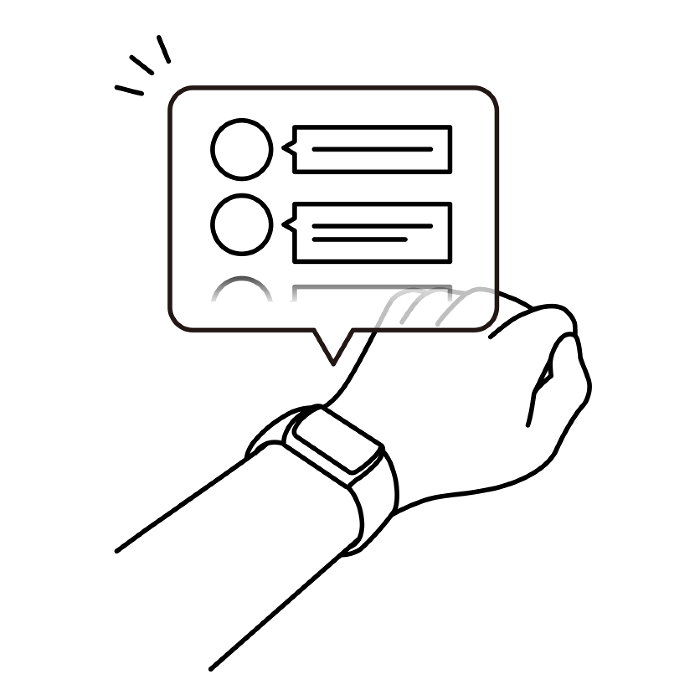 Illustration of wearing a smartwatch on the arm to check notifications from a messenger app.