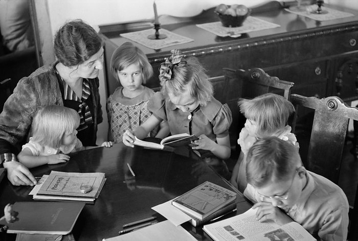children, education, home schooling, historical,  Children Being Home Schooled, Westmoreland Homesteads, Mount Pleasant, Pennsylvania, USA, Carl Mydans, U.S. Resettlement Administration, February 1936 Editorial Use Only