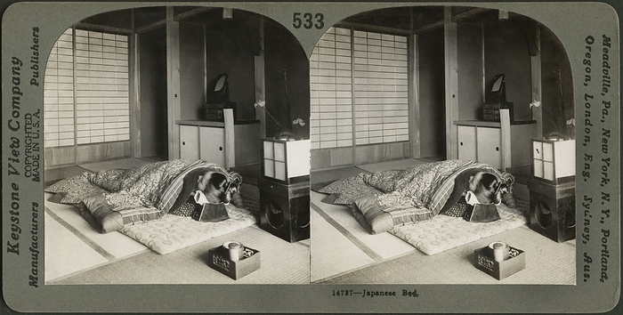 Japanese Bed, Stereo Card, Keystone View Company, 1905 woman, sleeping, bed, Japanese, historical, Japanese Bed, Stereo Card, Keystone View Company, 1905
