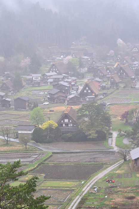 Shirakawa-go in April, hazy in the spring rain