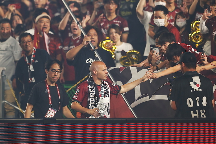2023 J1 League Iniesta Retirement Ceremony Andres Iniesta  Vissel , JULY 1, 2023   Football   Soccer : Iniesta interacts with fans in the stands during the exit ceremony after Japanese  2023 Meiji Yasuda J1 League  match between Vissel Kobe 1 1 Hokkaido Consadole Sapporo at the NOEVIR Stadium Kobe in Kobe, Japan.  AFLO 