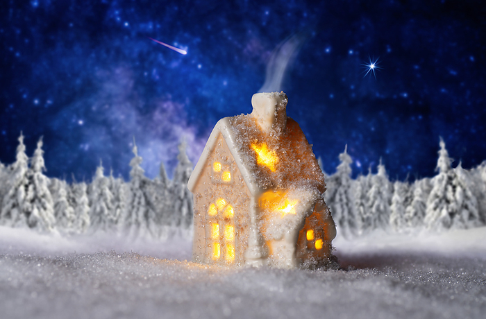 Small house with winter landscape and starry sky Small house with winter landscape and starry sky, by Zoonar ironjohn