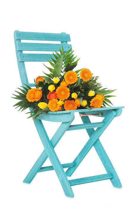 Gartenstuhl mit Blumenstrau  isoliert auf wei em Grund Gartenstuhl mit Blumenstrau  isoliert auf wei em Grund, by Zoonar Judith Kiener
