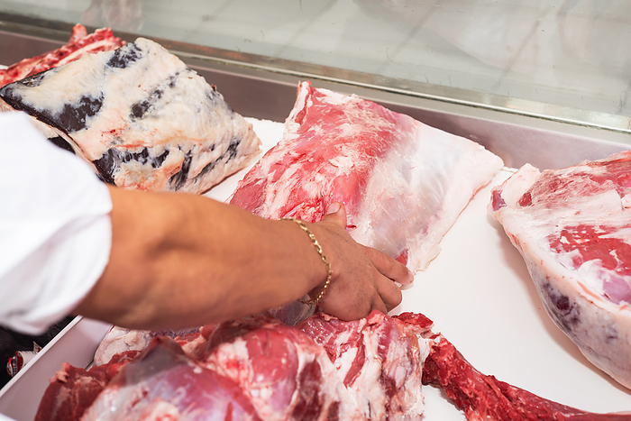 Butcher offering fresh meat at display in butchery Butcher offering fresh meat at display in butchery, by Zoonar DAVID HERRAEZ