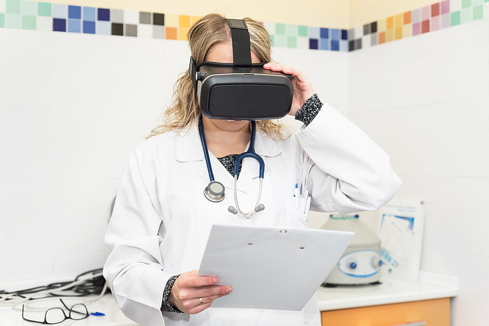 Scientist with clipboard using virtual reality glasses for research in laboratory Scientist with clipboard using virtual reality glasses for research in laboratory