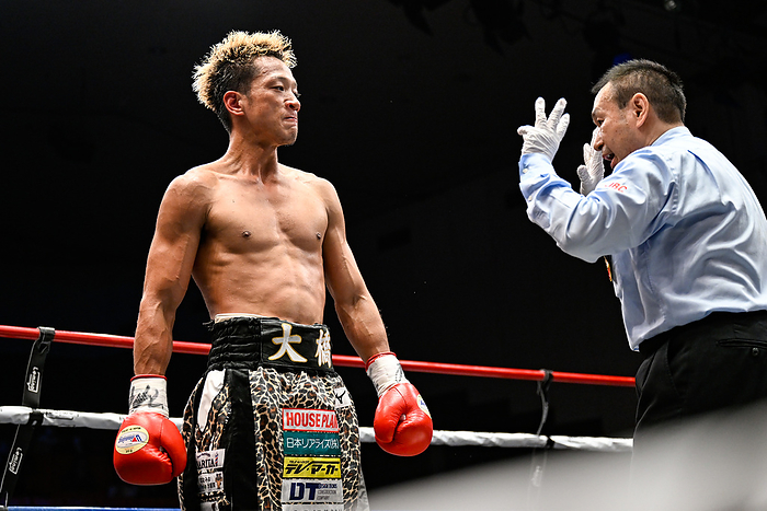 WBO Asia Pacific S Bantamweight Title Match Japan s Kazuki Nakajima, left, is given a count by referee Kazutoshi Yoshida after being knocked down for the first time in the fourth round during the WBO Asia Pacific Super Bantamweight title bout at Korakuen Hall in Tokyo, Japan, June 29, 2023.  Photo by Hiroaki Finito Yamaguchi AFLO 
