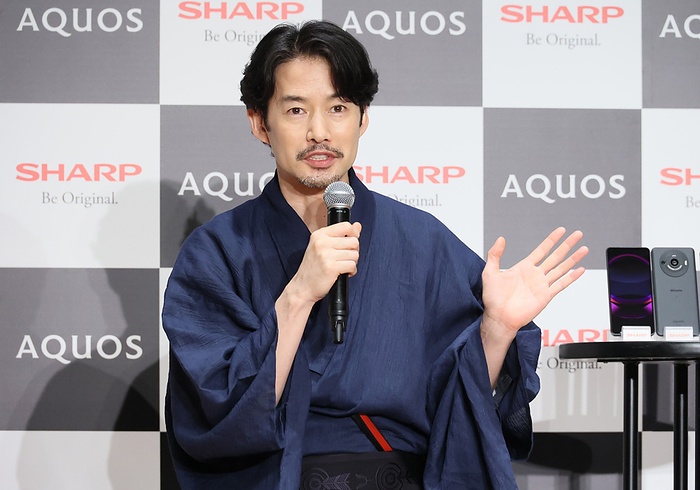Sharp unveils the new smart phones Aquos R8 and Aquos R8 Pro July 3, 2023, Tokyo, Japan   Japanese actor Yutaka Takenouchi attends a promotional event of Japanese electronics giant Sharp s smart phones  Aquos R8  and  Aquos R8 Pro  in Tokyo on Monday, June 3, 2023. Aquos R8 Pro has a 19mm F1.9 lens with a One inch CMOS image sensor and a 1 billion color 6.6 inch OLED display.     photo by Yoshio Tsunoda AFLO 