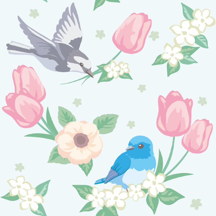 Seamless pattern of flowers and birds. Vector Illustration