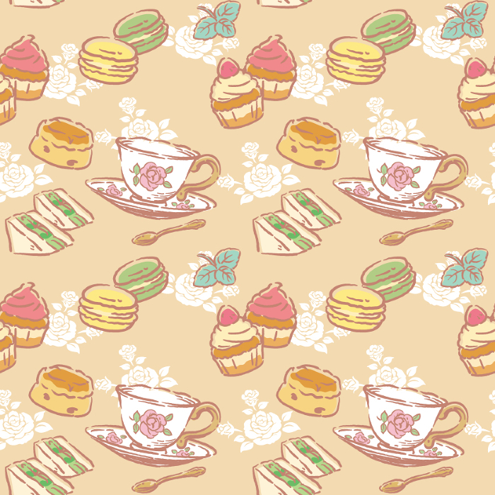 Afternoon Tea seamless pattern material. Teacups and snacks. Vector Illustrations
