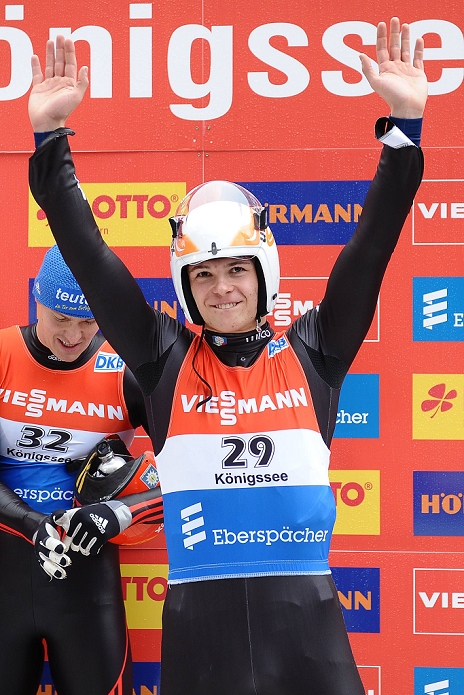 Luge World Cup K nigssee Men 1 rider Dominik Fischnaller  ITA , JANUARY 6, 2013   Luge : Third placed Dominik Fischnaller of Italy celebrates on the podium as winner David Moller of Germany is seen behind him after the Viessmann FIL Luge World Cup Men s Singles in Schonau am Konigssee, Germany.  Photo by AFLO 