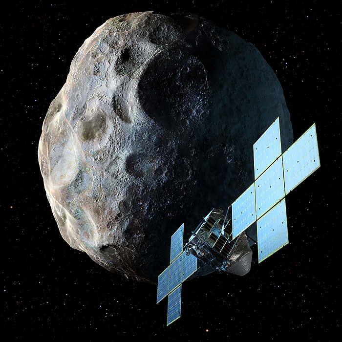 Psyche asteroid mission, illustration Illustration of NASA s Psyche mission near its target, the asteroid 16 Psyche. This asteroid has a diameter of over 200 kilometres and is one of the largest asteroids in the asteroid belt between Mars and Jupiter. The spacecraft has a distinctive five panel solar array, as well as power and propulsion systems to travel to, and orbit, the asteroid. The mission plans to launch in October 2023 and arrive at Psyche in 2029. This asteroid is made almost entirely of nickel iron metal. It should provide evidence about the initial conditions in which Earth and the other rocky planets formed., by MARK GARLICK SCIENCE PHOTO LIBRARY