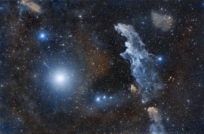 Witch Head Nebula and Rigel Witch Head Nebula  IC 2118, blue, down centre right  and the supergiant star Rigel  centre left  immersed in the faint dust of the Orion Eridanus molecular hydrogen cloud. IC 2118 is approximately 800 light years from Earth in the constellation of Eridanus. Rigel is approximately 860 light years from Earth in the constellation of Orion. The blue colour of IC 2118 is due to blue light from Rigel being reflected by the fine interstellar dust particles of the nebula., by MIGUEL CLARO SCIENCE PHOTO LIBRARY