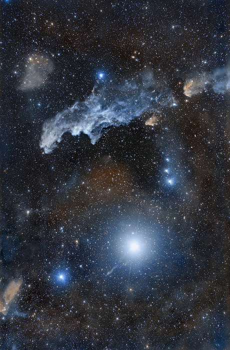Witch Head Nebula and Rigel Witch Head Nebula  IC 2118, blue, across upper frame  and the supergiant star Rigel  lower centre  immersed in the faint dust of the Orion Eridanus molecular hydrogen cloud. IC 2118 is approximately 800 light years from Earth in the constellation of Eridanus. Rigel is approximately 860 light years from Earth in the constellation of Orion. The blue colour of IC 2118 is due to blue light from Rigel being reflected by the fine interstellar dust particles of the nebula., by MIGUEL CLARO SCIENCE PHOTO LIBRARY