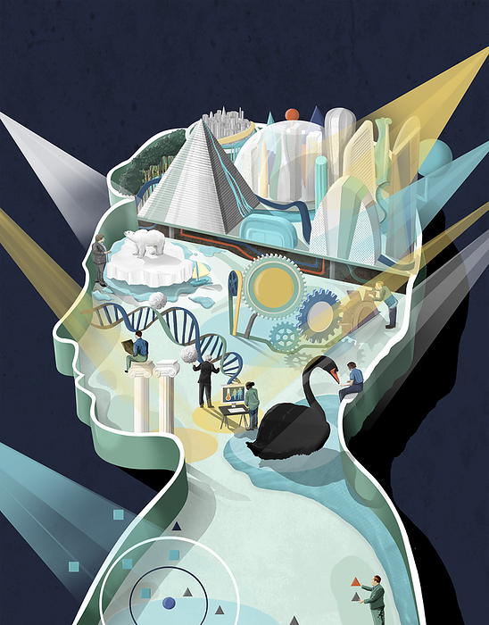 Future economy, conceptual illustration Conceptual illustration on futuristic market predictions within a man   profile., by SAM FALCONER, DEBUT ART SCIENCE PHOTO LIBRARY