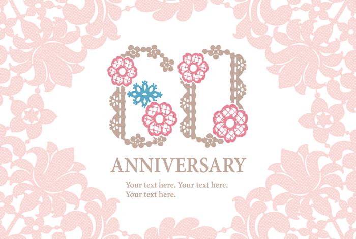 60th Anniversary design material. Lace-inspired design letters and lace frame. Vector.