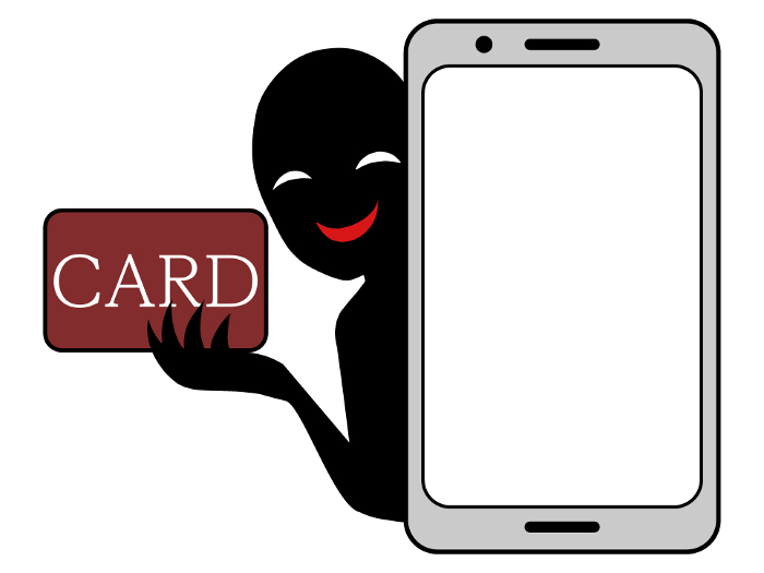 Clip art image of bad guy with card and unauthorized use of smartphone.