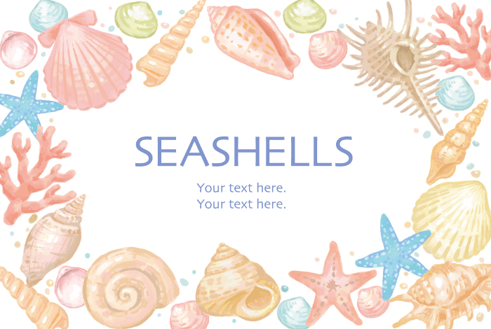 Sea shell, starfish, coral frame. Watercolor style vector illustration.