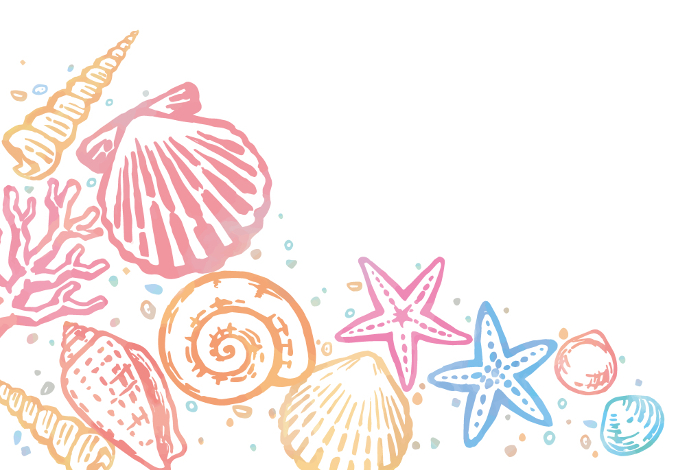 Sea shell, starfish, coral frame, background. Watercolor style, vector illustration.