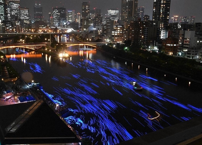 2023 Tanabata LED lights colored the surface of the Tanabata River blue in  Legend of the 2023 OSAKA Milky Way   approx. 30 second exposure  at 7:58 p.m. on July 7, 2023 in Chuo ku, Osaka City  photo by Nobushi Kako.