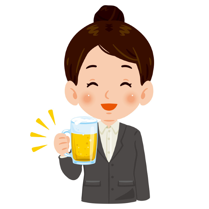 A young woman in a suit with a beer in one hand and a smile on her face