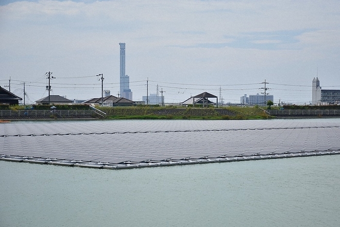 Water solar power plant installed at  Shellfish Pond Water solar power plant installed at  Shellfish Pond  in Nagataki, Izumisano City, June 27, 2023, 2:26 p.m. Photo by Tomoe Saito