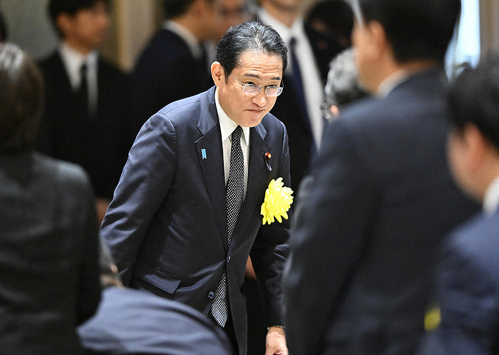 One year after the death of former Prime Minister Abe, conservative groups meet in Tokyo. Prime Minister Fumio Kishida  center  visits the  Gathering to Inherit the Aspirations of Former Prime Minister Shinzo Abe  at the Meiji Kinenkan in Minato ku, Tokyo, July 8, 2023.