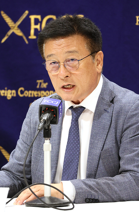 South Korean lawmakers hold a press conference to oppose releaseing radioactive water to the sea July 12, 2023, Tokyo, Japan   South Korean lawmaker Yoon Jaekab speaks at a press conference to oppose releasing treated radioactive water from Tokyo Electric Power s Fukushima Dai ichi nuclear power plant into the sea at the Foreign Correspondents  Club of Japan in Tokyo on Wednesday, July 12, 2023. Japanese government decided to release the contamination water to the Pacific Ocean endorsed by International Atomic Energy Agency  IAEA  last week.    photo by Yoshio Tsunoda AFLO 