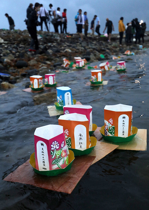 30 years since the Hokkaido Southwest Offshore Earthquake Lantern floating ceremony held on the beach in Aonae district, Okushiri Town, Hokkaido, Japan, July 12, 2023, 7:21 p.m. Photo by Taichi Kaizuka