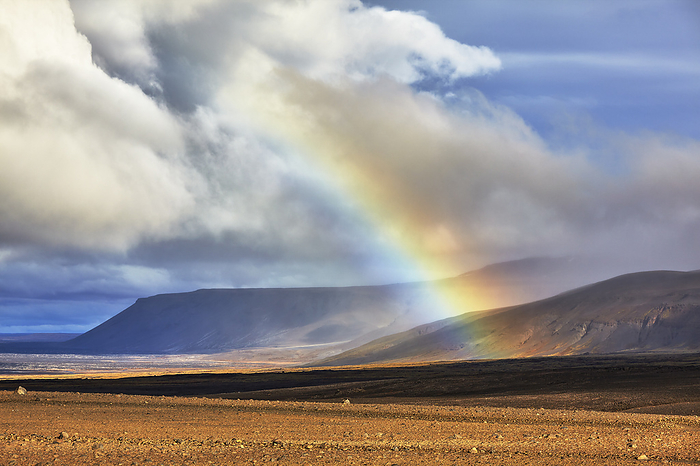 A landscape along the F550 road, in the Kaldidalur valley, west of the Langjokull ice cap, on the edge of the Highlands, west Iceland. Rainbow over landscape along the F550 road, in the Kaldidalur valley, west of the Langjokull ice cap, on the edge of the Highlands, west Iceland, Polar Regions, by Nigel Hicks