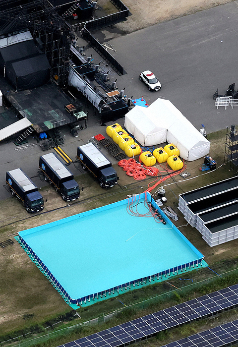 Maishima Sports Island, where a fatal accident occurred during rehearsal for an event. Maishima Sports Island, where a fatal accident occurred during an event rehearsal. The lower left is a pool filled with water   4:21 p.m. July 14, 2023 in Konohana ku, Osaka City  photo by Yuichi Nakagawa from a Head Office helicopter.